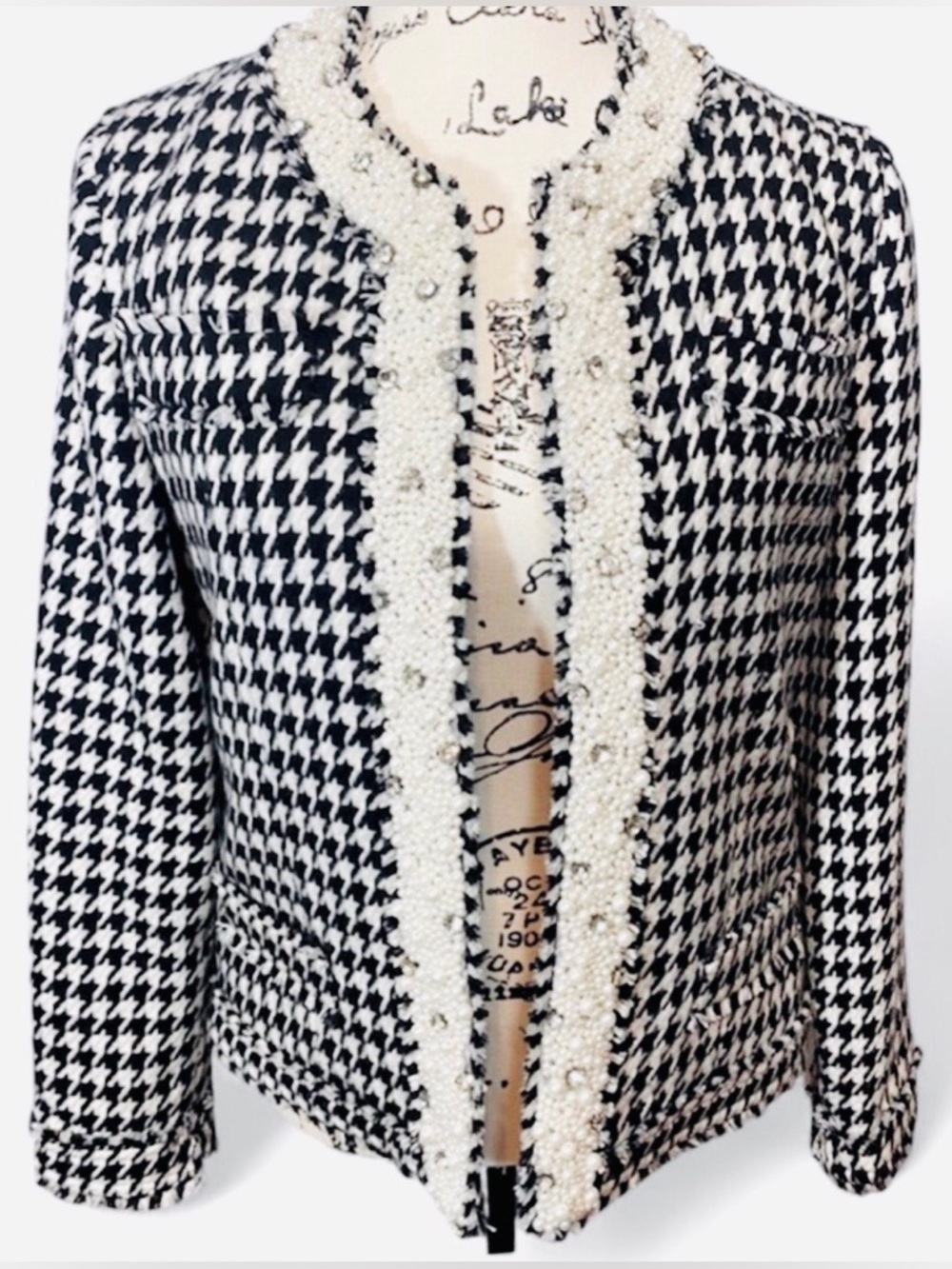 Vintage Berek Beaded Blazer S Houndstooth Pearl Rhinestone Jacket NWT